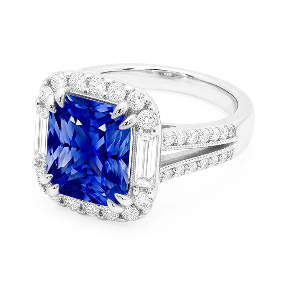 Halo Sapphire Ring Baguette & Round Accents 4.50 Carats Split Shank
