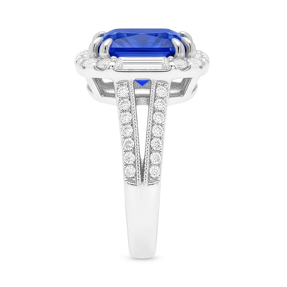 Halo Sapphire Ring Baguette & Round Accents 4.50 Carats Split Shank