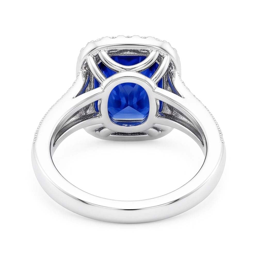 Halo Sapphire Ring Baguette & Round Accents 4.50 Carats Split Shank