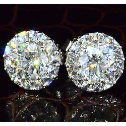 Halo Style Genuine Round Diamond Stud Earring 3.50 Carats White Gold 14K