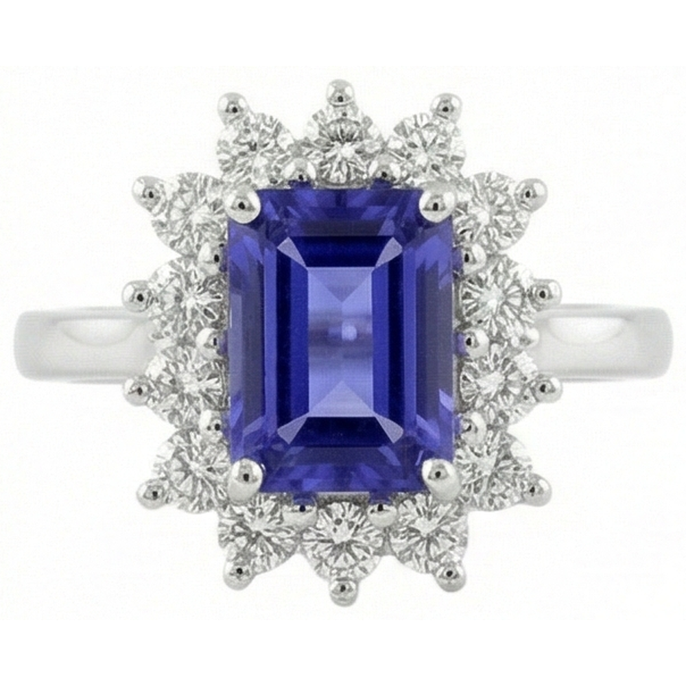 Halo Tanzanite And Natural Earth Mined Diamonds 6.35 Carats Ring White Gold 14K