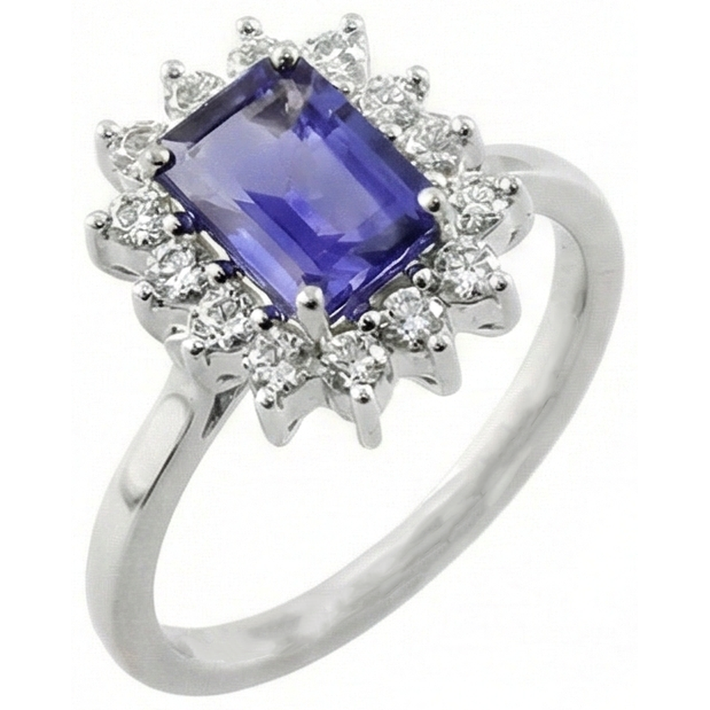 Halo Tanzanite And Natural Earth Mined Diamonds 6.35 Carats Ring White Gold 14K