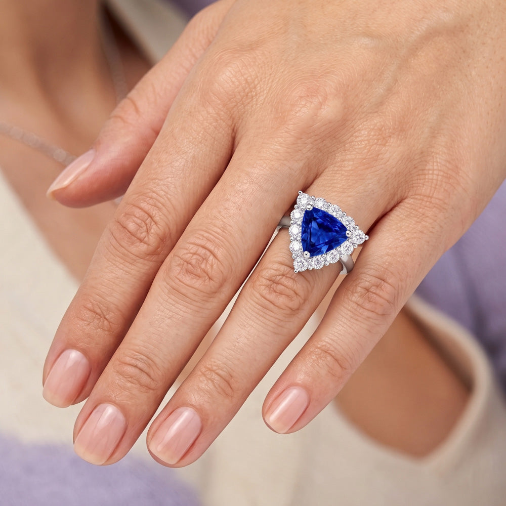 Halo Trillion Blue Sapphire Ring 2.50 Carats Round Natural Earth Mined Diamond Jewellery