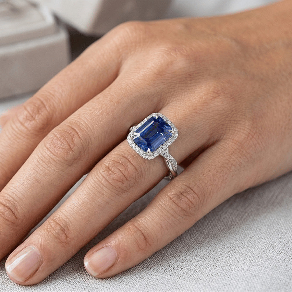 Halo Twist Ring Style Emerald Ceylon Sapphire & Natural Earth Mined Diamonds 4.25 Carats