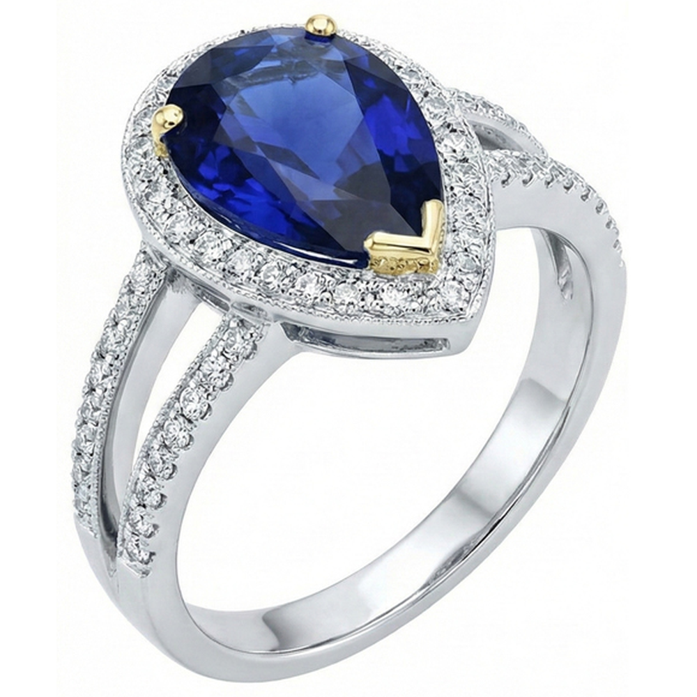 Halo Two Tone Gold Deep Blue Sapphire & Natural Earth Mined Diamond Ring 4.50 Carats