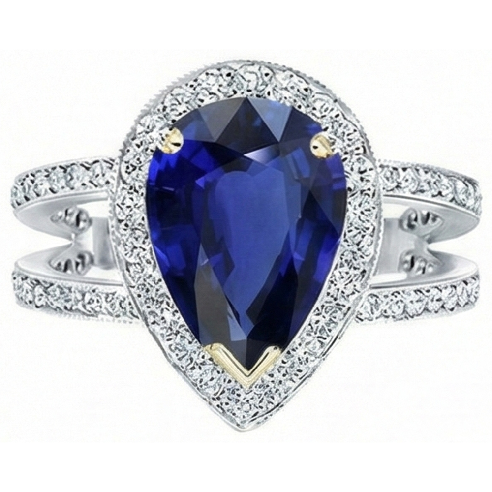 Halo Two Tone Gold Deep Blue Sapphire & Natural Earth Mined Diamond Ring 4.50 Carats