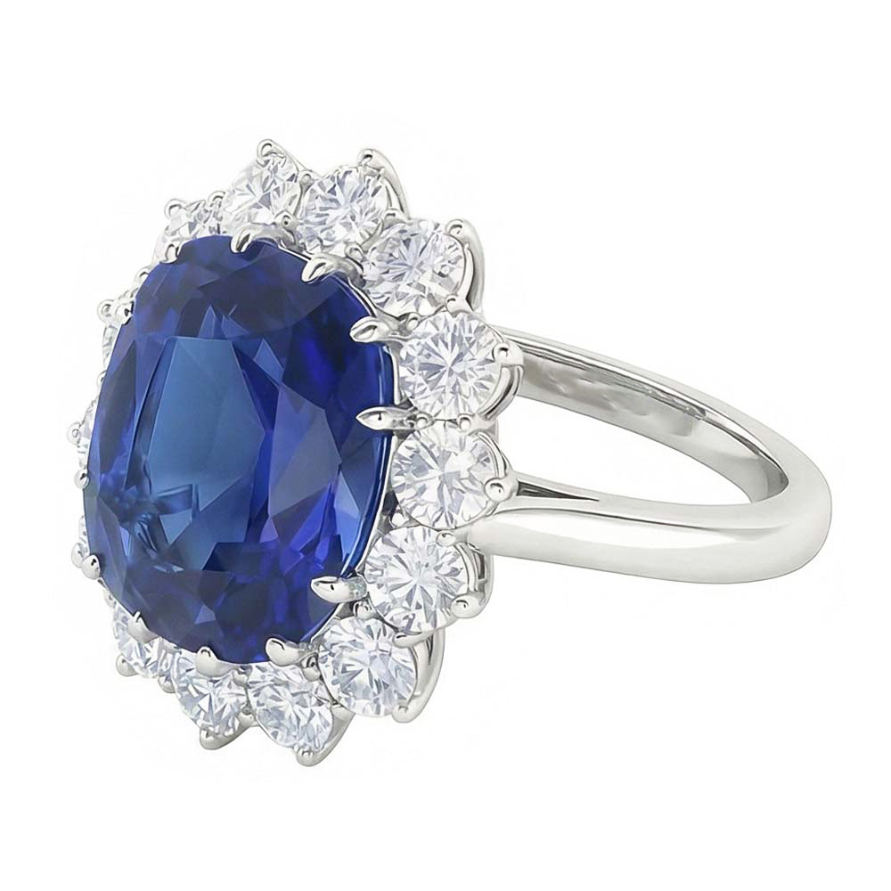 Halo Wedding Ring Cushion Blue Sapphire 6 Carats Flower Style Natural Earth Mined Diamonds