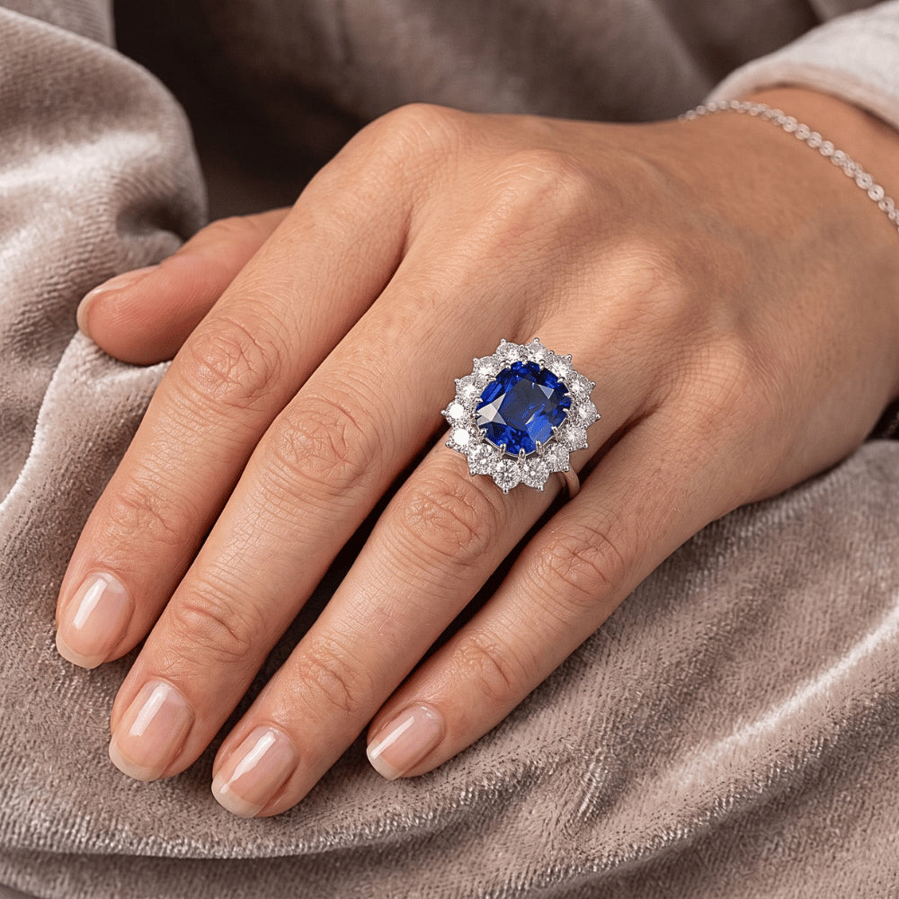 Halo Wedding Ring Cushion Blue Sapphire 6 Carats Flower Style Natural Earth Mined Diamonds