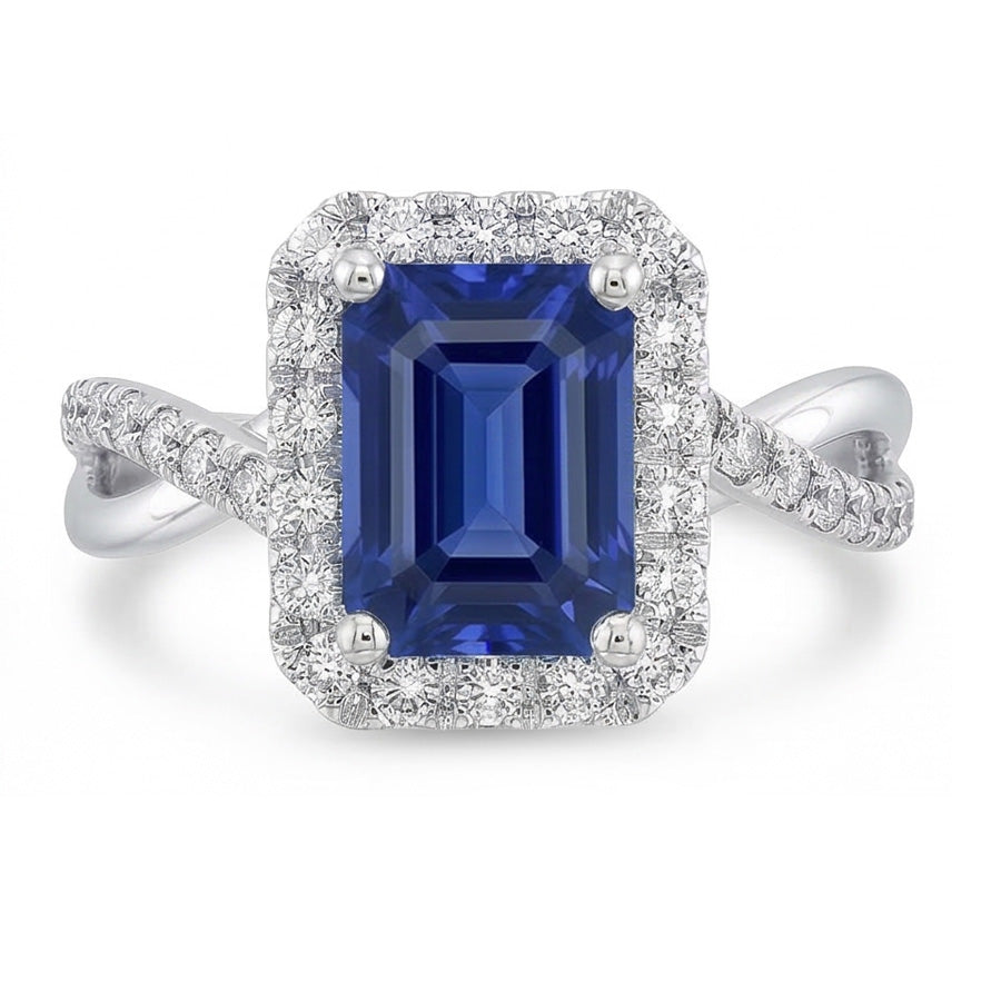 Halo Wedding Ring Emerald Blue Sapphire Gold Twisted Shank 3.50 Carats