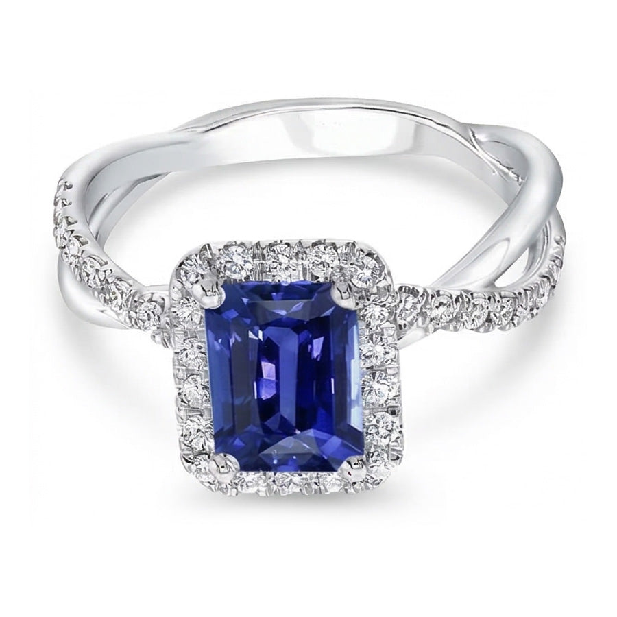 Halo Wedding Ring Emerald Blue Sapphire Gold Twisted Shank 3.50 Carats