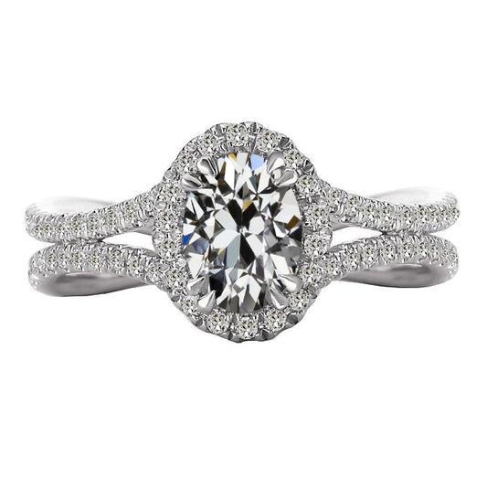 Halo Wedding Ring Oval Natural Old Cut Diamond Double Prong Set 7 Carats