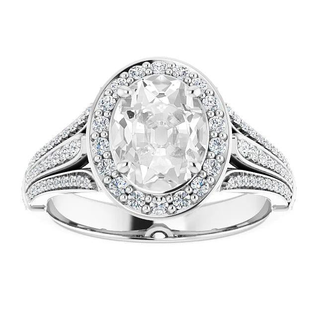 Halo Wedding Ring Oval Old Cut Natural Diamond Triple Split Shank 8 Carats