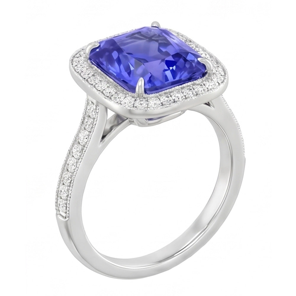 Halo Wedding Ring Radiant Blue Sapphire 3.50 Carats Natural Earth Mined Diamond Accents