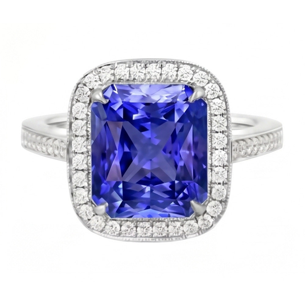 Halo Wedding Ring Radiant Blue Sapphire 3.50 Carats Natural Earth Mined Diamond Accents