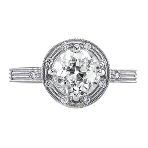 Halo Wedding Ring Round Old Miner Natural Diamonds Milgrain Shank 1.50 Carats