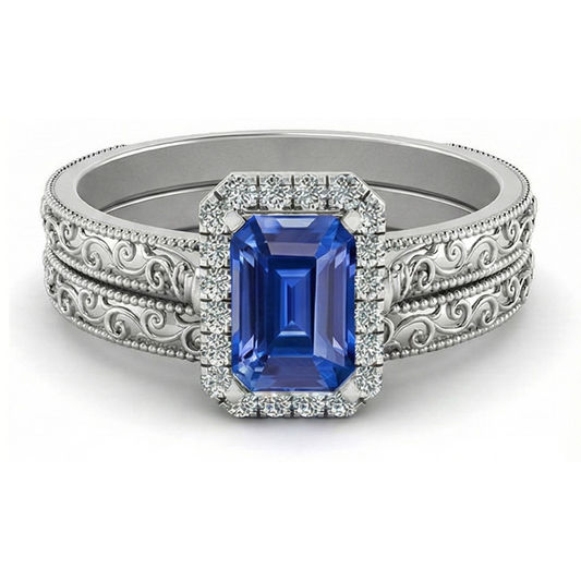 Halo Wedding Ring Set Emerald Blue Sapphire 2.50 Carats Antique Style