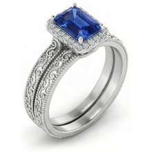 Halo Wedding Ring Set Emerald Blue Sapphire 2.50 Carats Antique Style