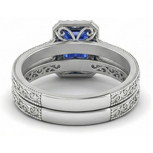 Halo Wedding Ring Set Emerald Blue Sapphire 2.50 Carats Antique Style
