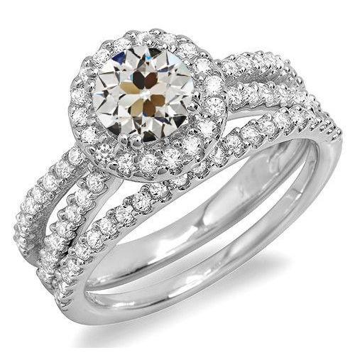 Halo Wedding Ring Set Natural Round Old Cut Diamond White Gold 6.50 Carats