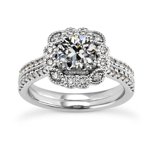 Halo Wedding Ring Set Natural Round Old Mine Cut Diamond Flower Style 5 Carats