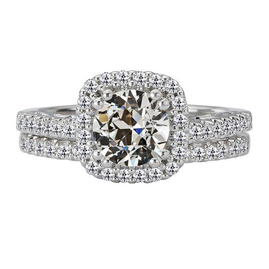 Halo Wedding Ring Set Round Old Mine Cut Real Diamond 14K Gold 6 Carats