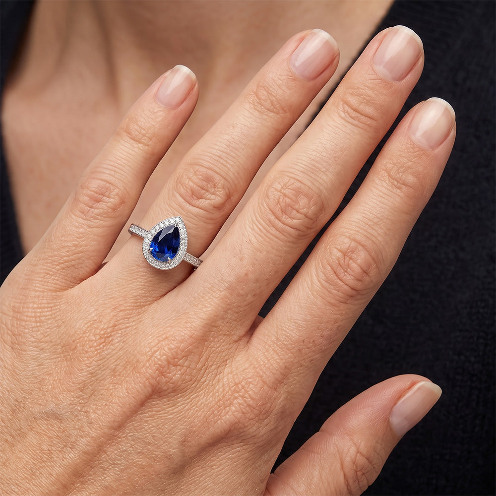 Halo White Gold Ring Pear Pave Set Natural Earth Mined DIAMOND ( NOT LAB GROWN ) Blue Sapphire 2.50 Carats