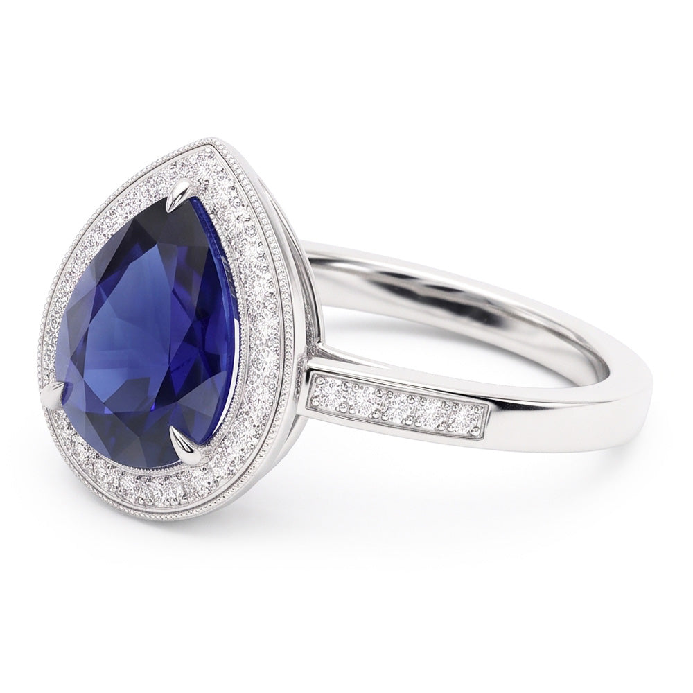 Halo White Gold Ring Pear Pave Set Natural Earth Mined DIAMOND ( NOT LAB GROWN ) Blue Sapphire 2.50 Carats