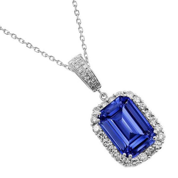 Blue Sapphire Step Cut Precious Stone Pendant in 14K White Gold – main view