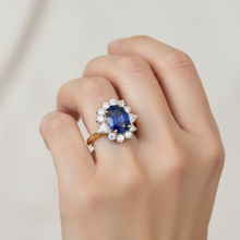 Halo Natural Earth Mined Diamond Ceylon Sapphire Ring 4.25 Carats Two Tone Sunburst Style
