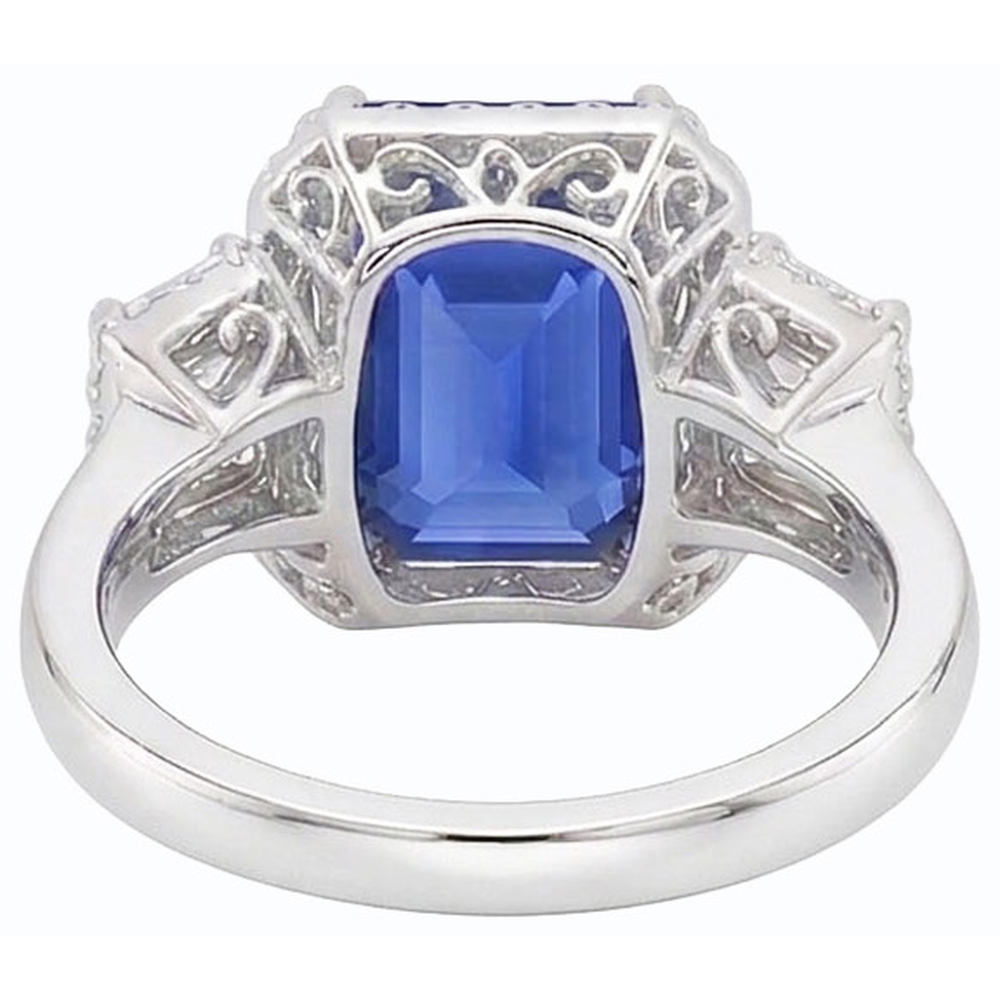 Halo Natural Earth Mined Diamond Ring Trapezoid & Round Accents 4 Carat Deep Blue Sapphire