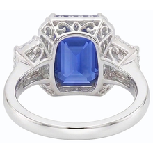 Halo Natural Earth Mined Diamond Ring Trapezoid & Round Accents 4 Carat Deep Blue Sapphire