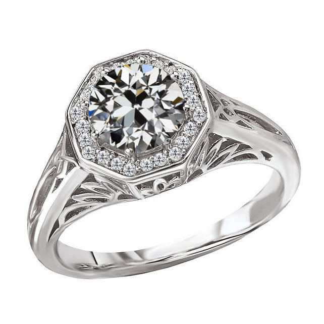 Brilliant Diamond Old Mine Cut Halo Ring in 14K White Gold – main view