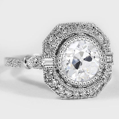 Halo Ring Baguette & Round Old Mine Cut Real Diamonds 3.75 Carats Milgrain