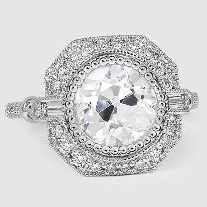 Halo Ring Baguette & Round Old Mine Cut Real Diamonds 3.75 Carats Milgrain