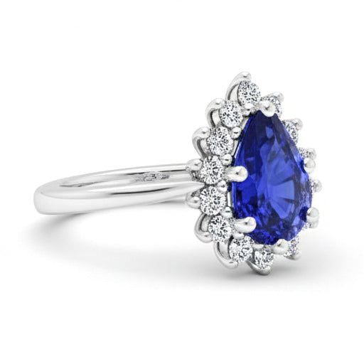 Halo Ring Star Style Pear Ceylon Sapphire & Natural Earth Mined Diamonds 3.50 Carats