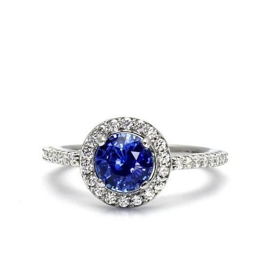 Halo Round Ceylon Sapphire Diamond Ring White Gold 14K