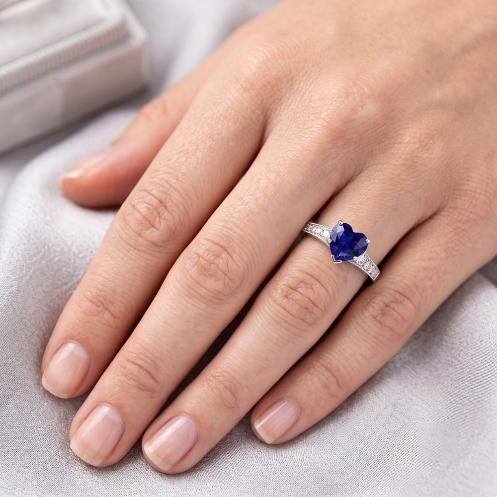 Heart Antique Style Blue Sapphire Natural Earth Mined Diamond Ring 3 Carats 14K Gold