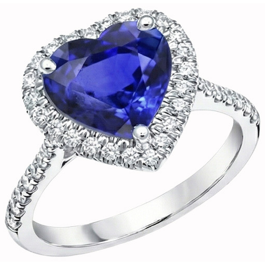 Heart Ceylon Sapphire Round Natural Earth Mined DIAMOND ( NOT LAB GROWN )s Ring 4 Ct White Gold 14K