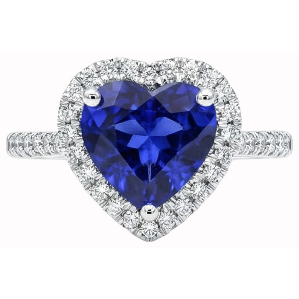 Heart Ceylon Sapphire Round Natural Earth Mined DIAMOND ( NOT LAB GROWN )s Ring 4 Ct White Gold 14K