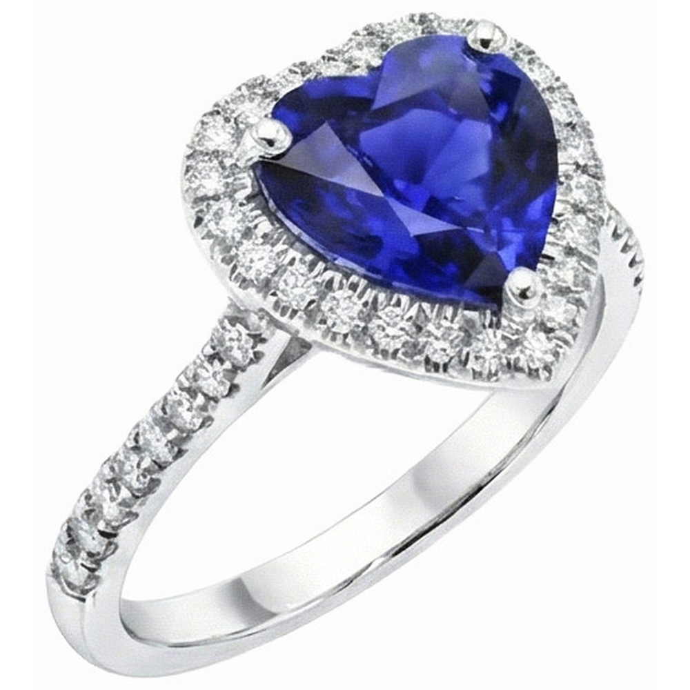 Heart Ceylon Sapphire Round Natural Earth Mined DIAMOND ( NOT LAB GROWN )s Ring 4 Ct White Gold 14K