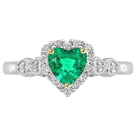 Colombian Emerald Heart Shape Gemstone Ring in 14 Karat Two Tone Gold – front view