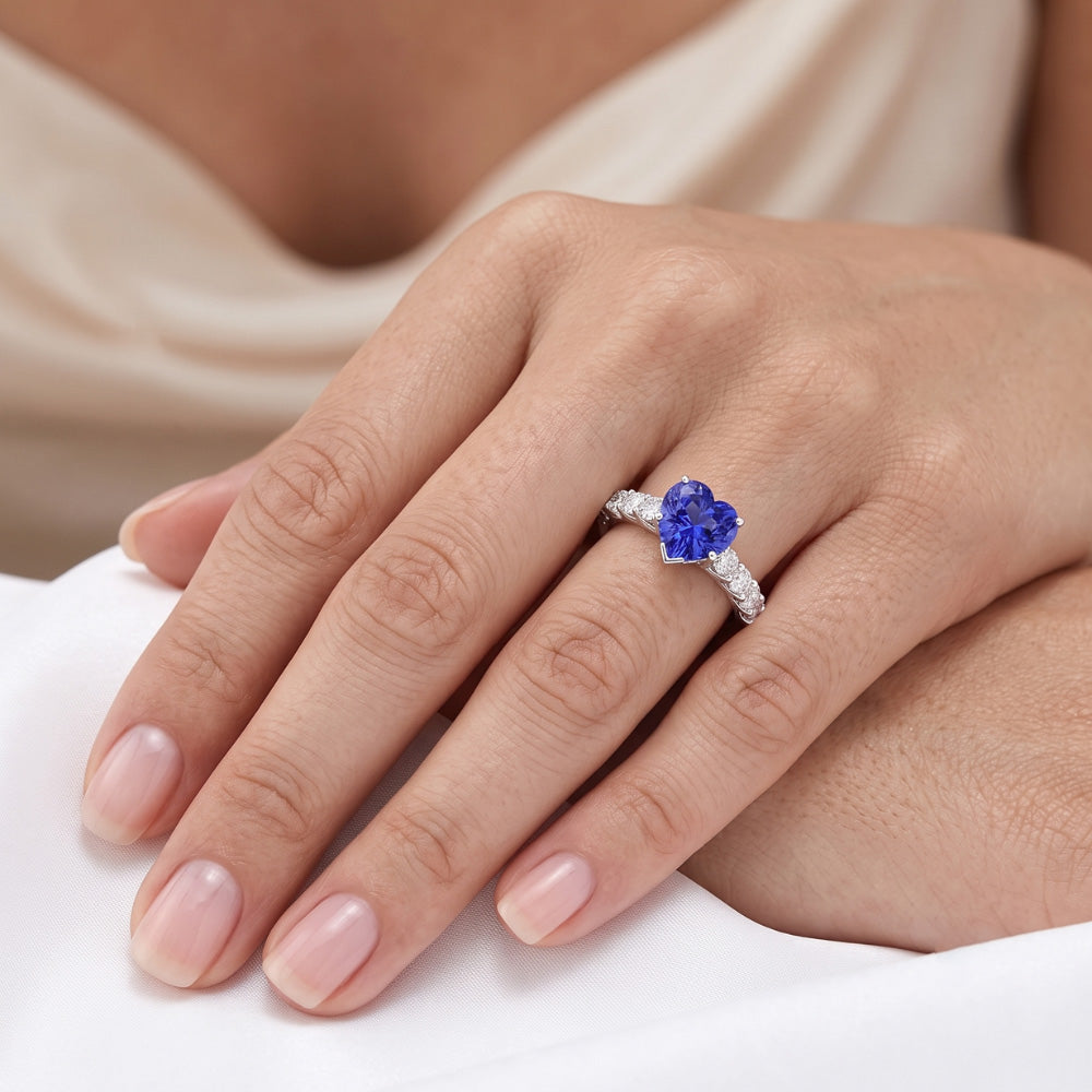 Heart Gemstone Ring Light Blue Sapphire & Pave Set Natural Earth Mined Diamond 3 Carats