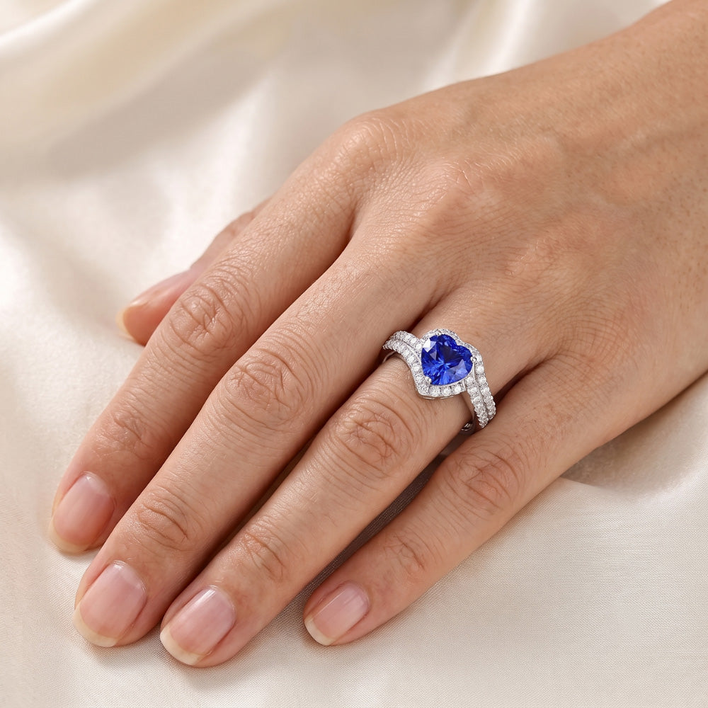 Heart Halo Light Blue Sapphire Ring 4.50 Carats Double Shank Jewellery