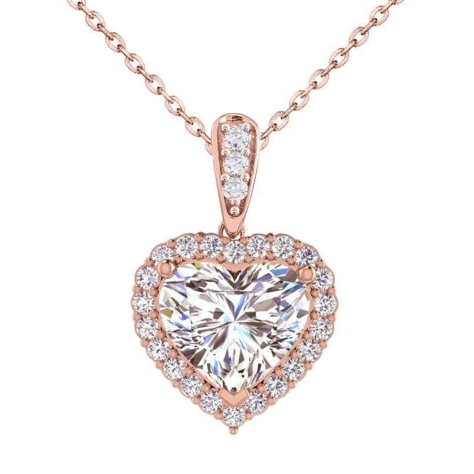 Heart Shape Halo Real Natural Earth Mined Diamond Pendant 2.75 Carats Rose Gold 14K
