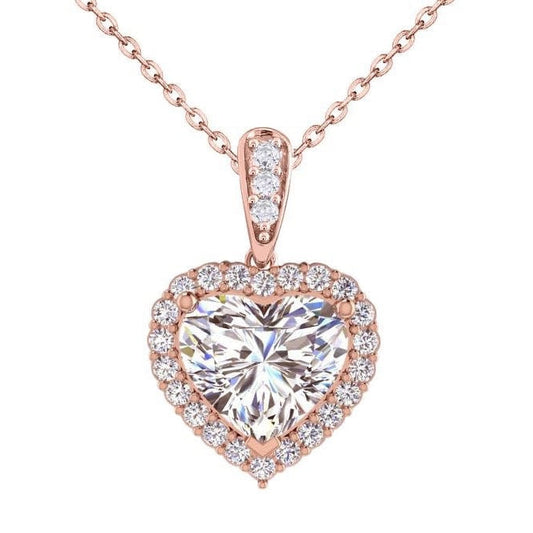 Heart Shape Halo Real Natural Earth Mined Diamond Pendant 2.75 Carats Rose Gold 14K