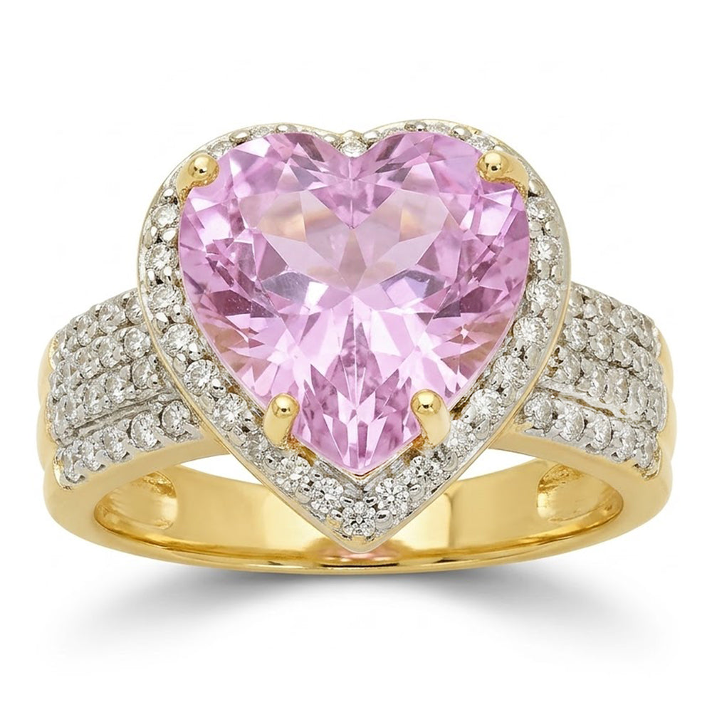 Heart Shape Kunzite With Round Natural Earth Mined Diamonds 8.25 Ct. Ring Yellow Gold
