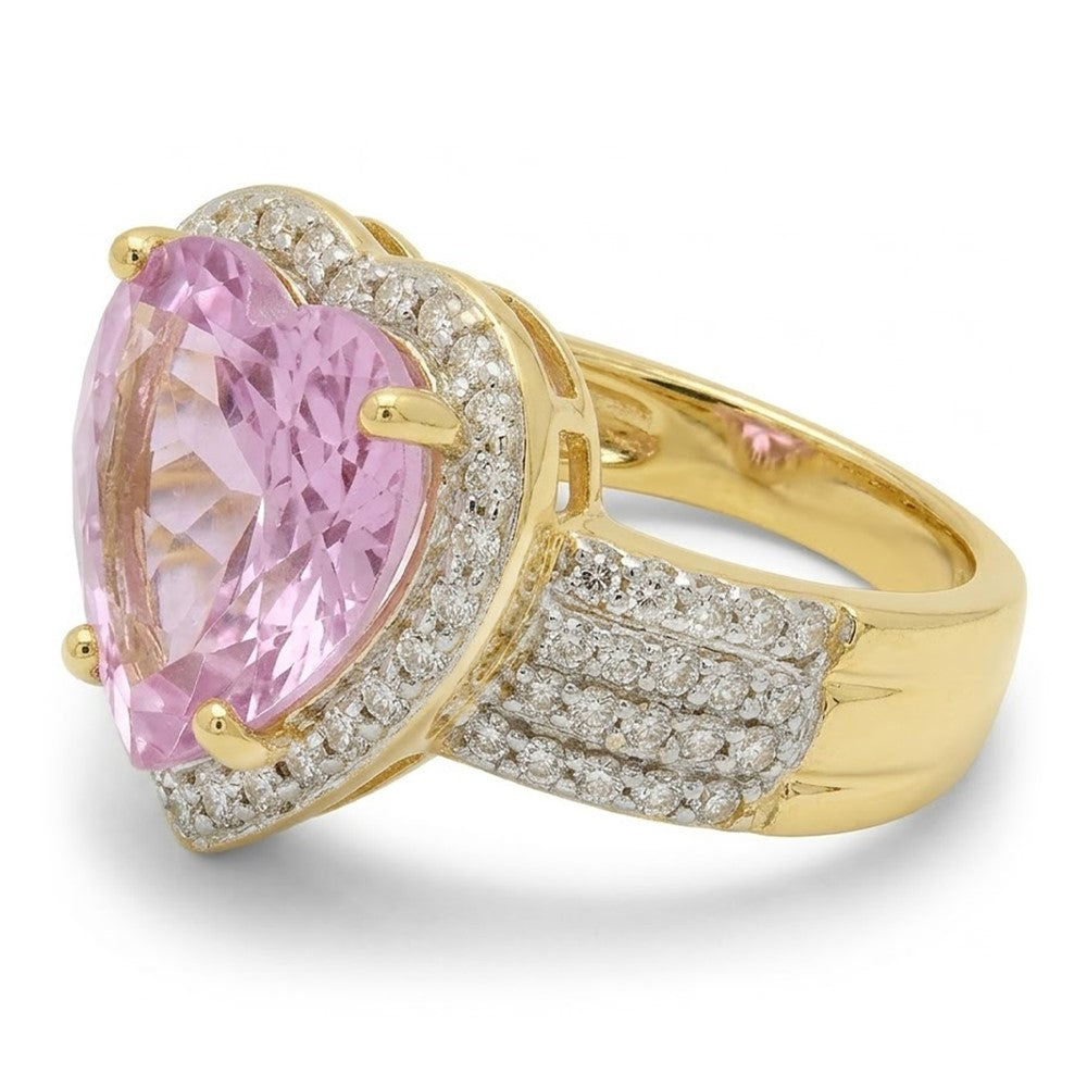 Heart Shape Kunzite With Round Natural Earth Mined Diamonds 8.25 Ct. Ring Yellow Gold