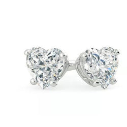 Heart Shape Prong Set 3.02 Ct. Natural Diamonds Studs Earrings Gold White