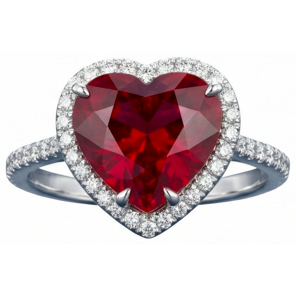 Heart Shaped Ruby And Accents Natural Earth Mined DIAMOND ( NOT LAB GROWN ) Ring White Gold 14K 5.35 Ct