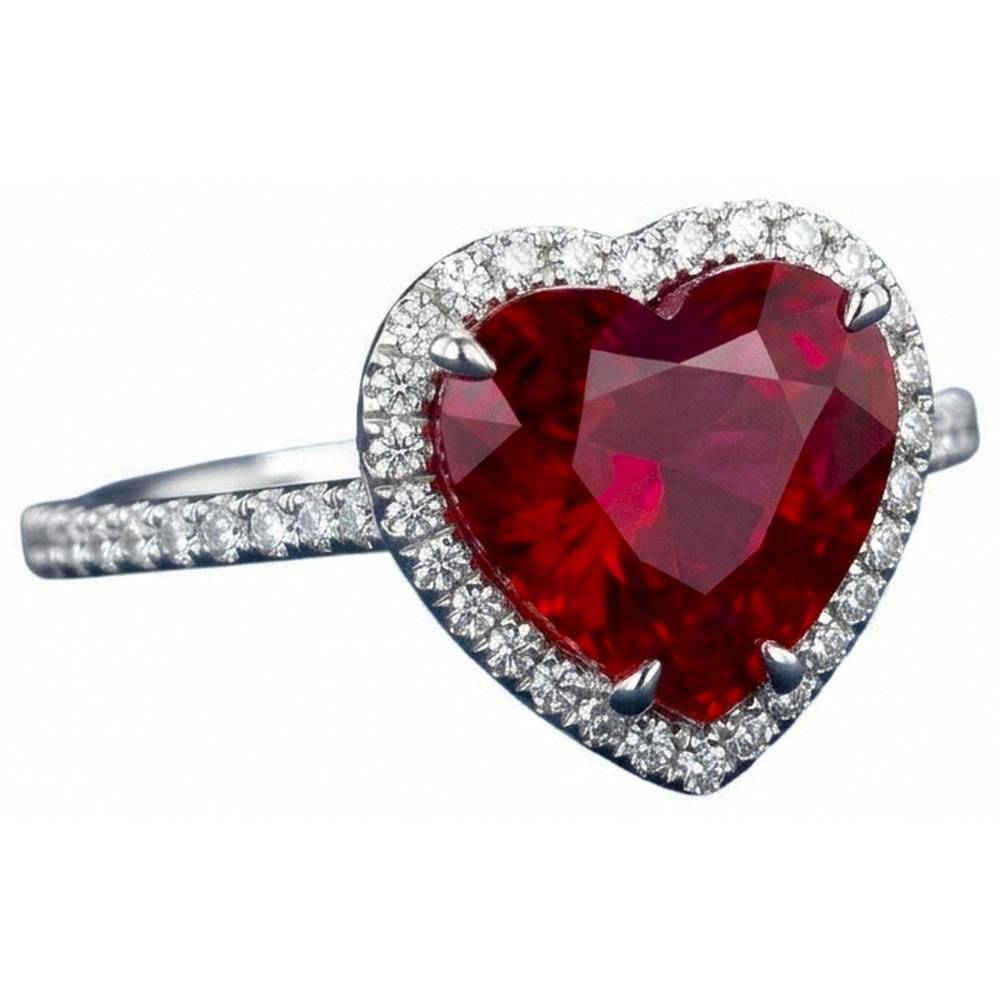 Heart Shaped Ruby And Accents Natural Earth Mined DIAMOND ( NOT LAB GROWN ) Ring White Gold 14K 5.35 Ct
